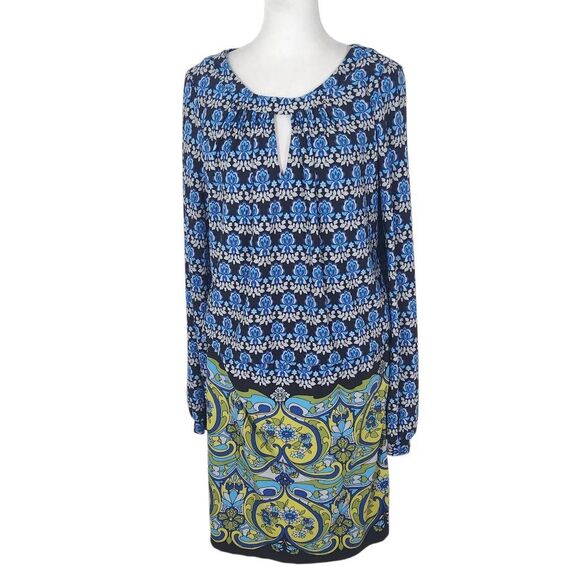 London Times Blue and Green Print Blouson Mini Dress Size 10 Wedding Guest Dress - Picture 1 of 9